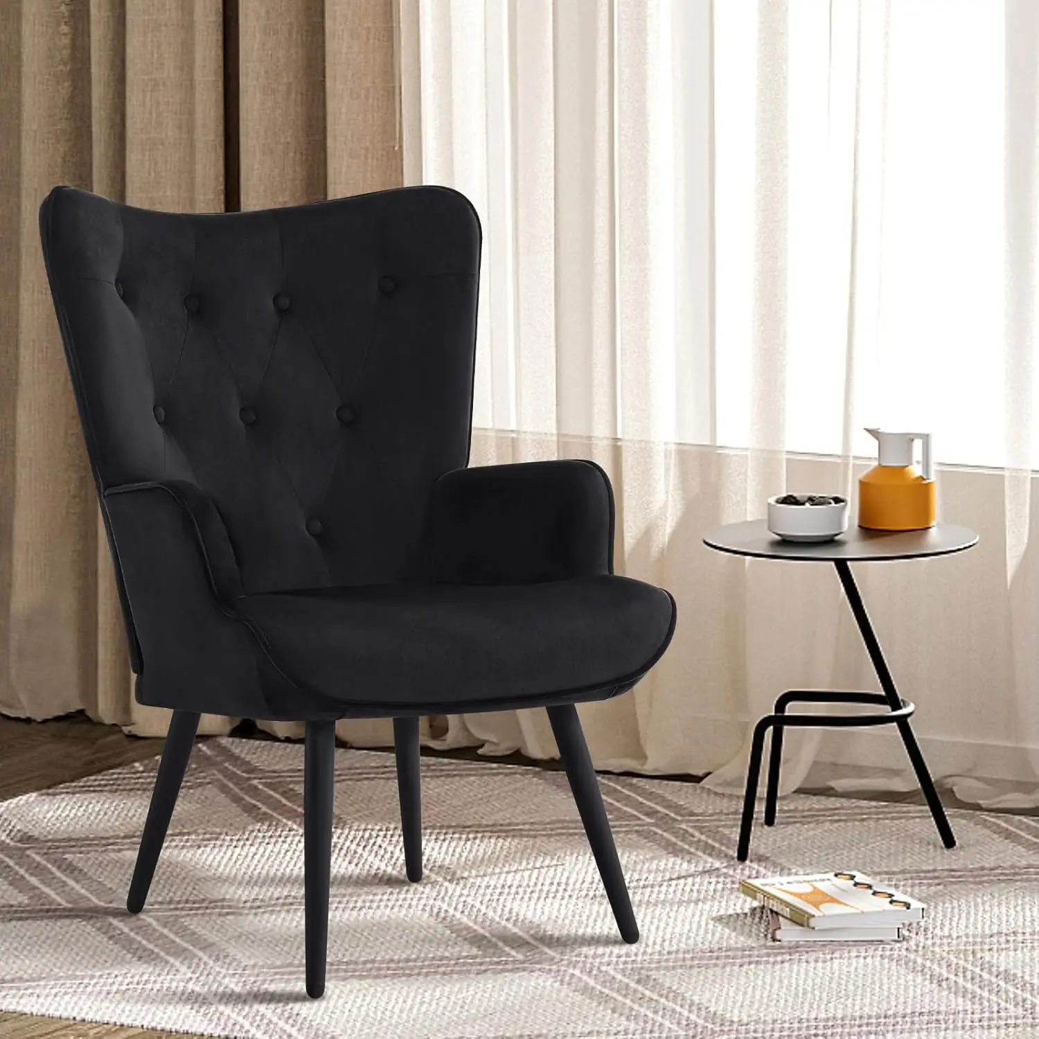 Furnimart Black Velvet Accent Chair Mid Century Modern Living Room Chairs; Comfy Armchair Leisure Vanity Guest Wingback Chair