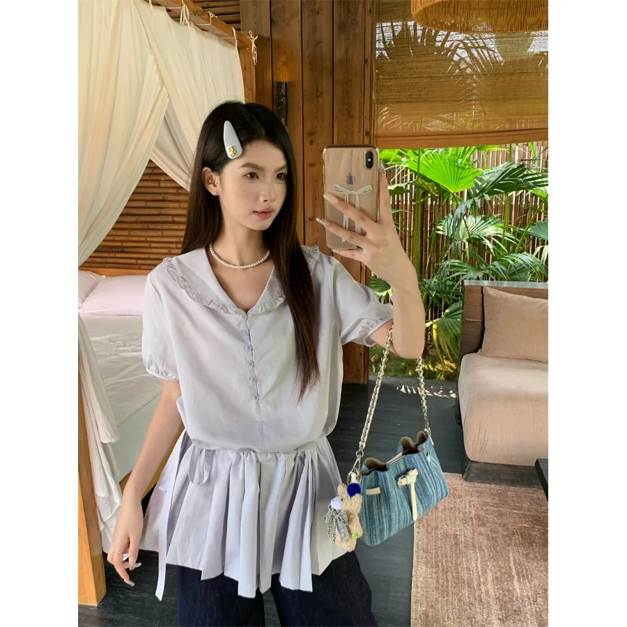 

Slimming Pleated Casual Style Korean Shirt with Ruffle Collar Short Sleeve Pure Color Top for Women Summer Fashion 2026