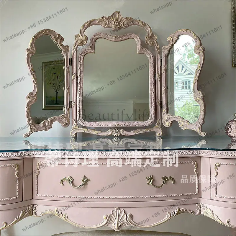 French vintage distressed dresser, European style solid wood carved pink dressing table and stool