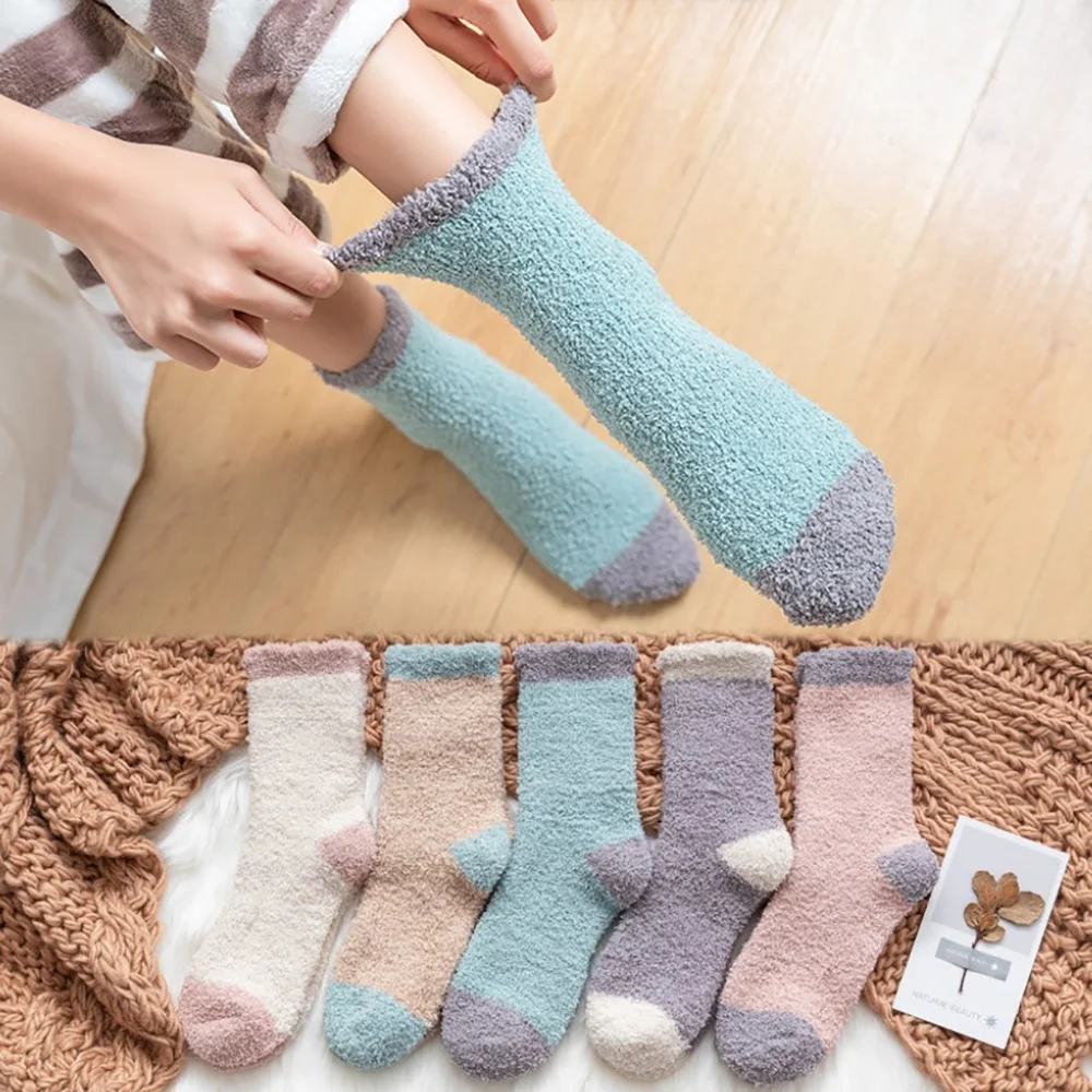 5 Pairs Women Coral Velvet Autumn Winter Towels Home Thickened Sleep Snow Floor Medium Socks Daily Sleep Solid Color Warm Socks.