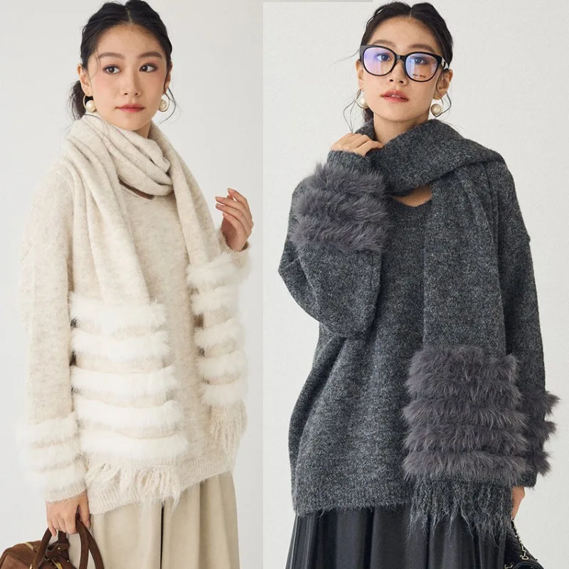 

2025 Autumn Women's Fox Fur Scarf Sweater Coat Female Street Style V-Neck Full Sleeve Pullover Casual Loose Knitted Jacket Tops