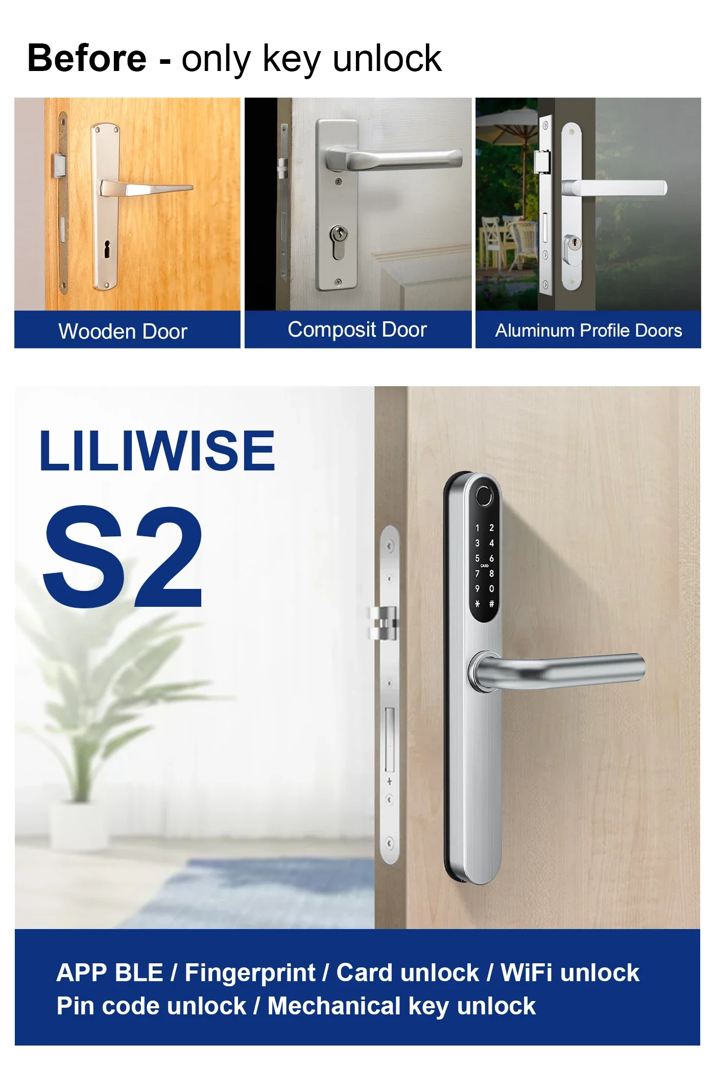 2022 New Product Liliwise Ttlock Tuya Waterproof Aluminum Doors Locks Slim Smart DoorLock with Lock Cylinder