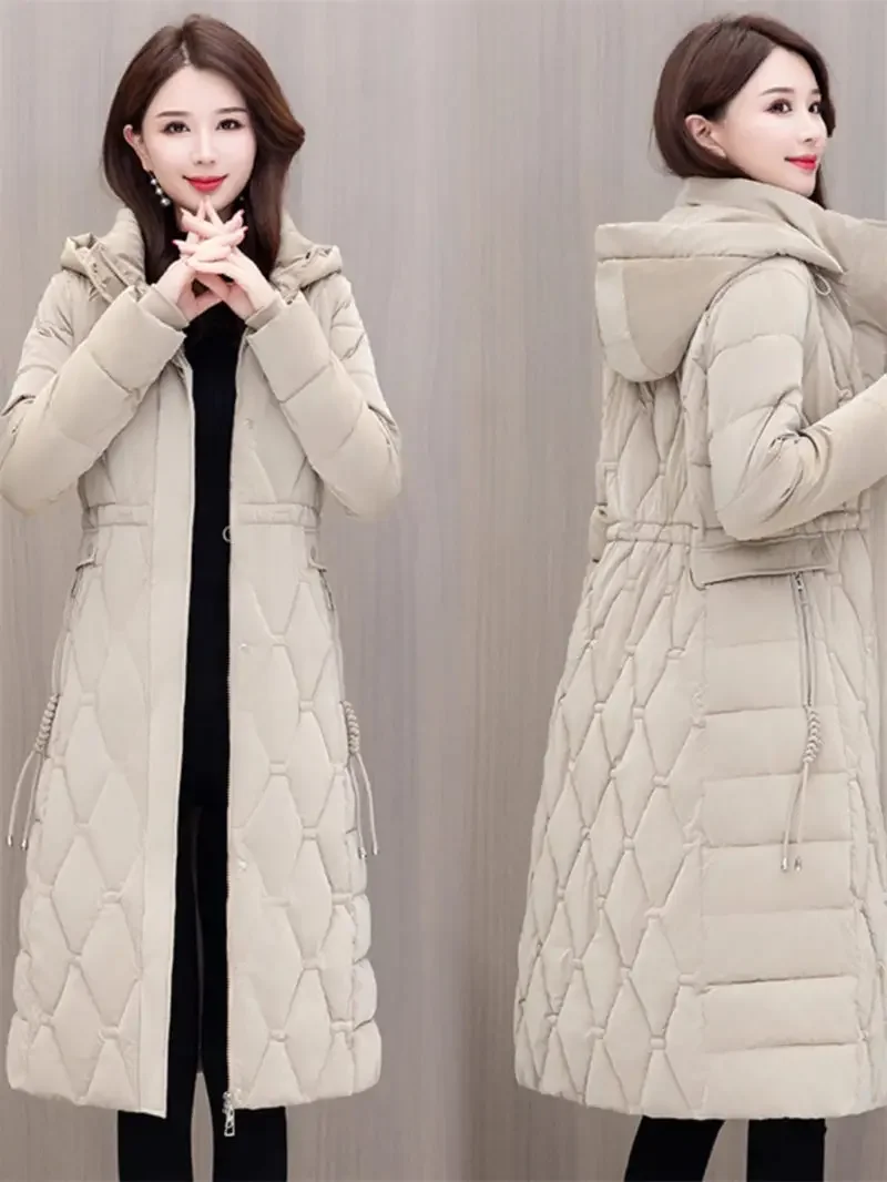 2023 Winter Shiny Cotton Jacket Thickened Hat Medium Length Fashion Elegant Slim Women's Long Down Coats Parkas