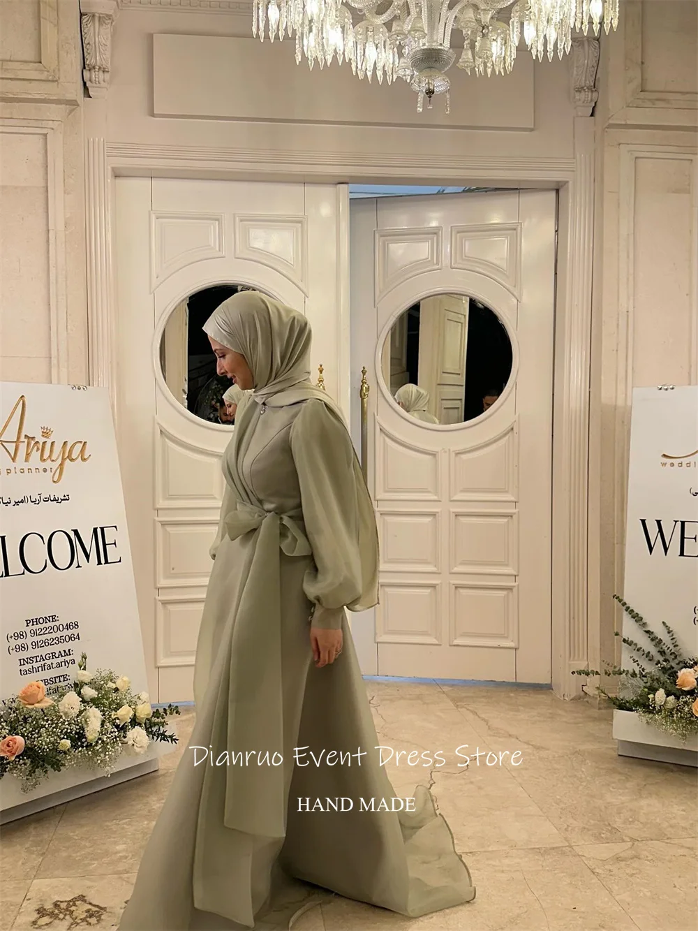 Dianruo Скромный бант Мусульманские вечерние платья длиной до пола Шикарные трапециевидные платья для выпускного вечера Шифоновые плиссированные платья с длинными рукавами فساتين سهرة Индивидуальные