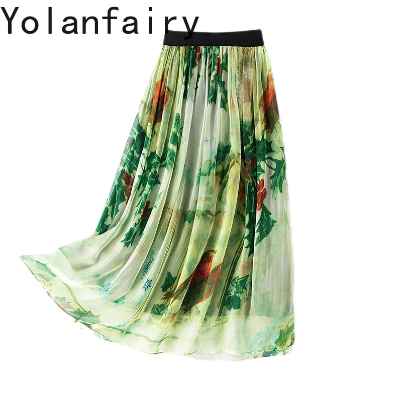 YOLANFAIRY Summer Floral Skirt Woman 100% Real Mulberry Silk Long Skirts for Women 2026 Holiday Elegant Elastic Waist Skirt New