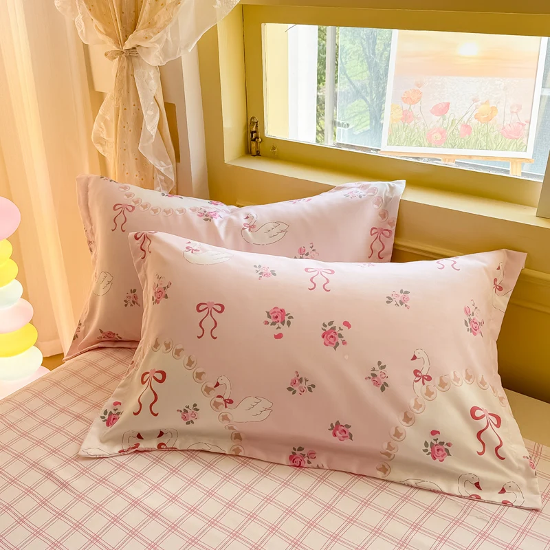 Romantic Rose Floral Duvet Cover Kawaii Cartoon Swan Bedding Set Reversible Quilt Cover + Pink Plaid Flat Sheet + 1/2 Pillowcase