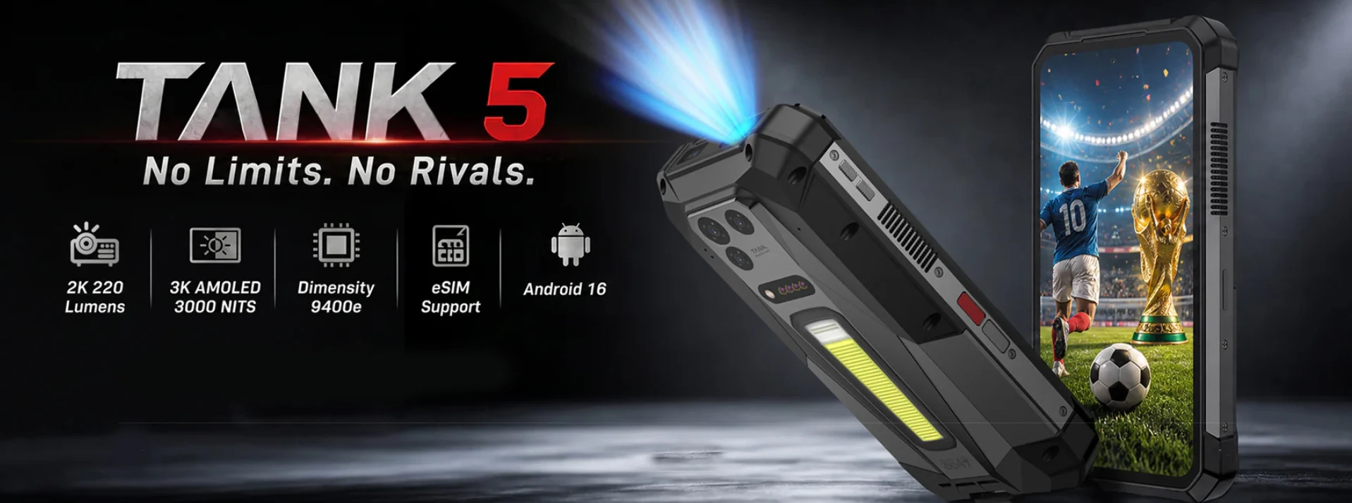 8849 TANK 5 Unihertz 2K Projector Rugged Smartphone eSIM Dimensity 9400e 3K AMOLED 17600mAh 220Lumens 18GB+512GB WiFi 7