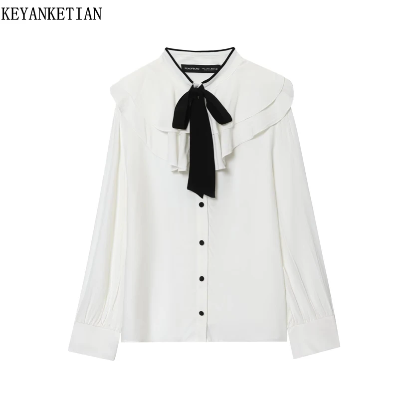 

KEYANKETIAN 2026 Spring New Women's Tiered Ruffles Bow Decoration Shirt Sweet style Single Breasted Long Sleeve Loose Blouses