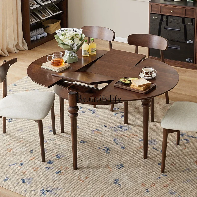 

02ls 18 -*Nordic solid wood round table dining table and chair combination household black walnut retractable folding