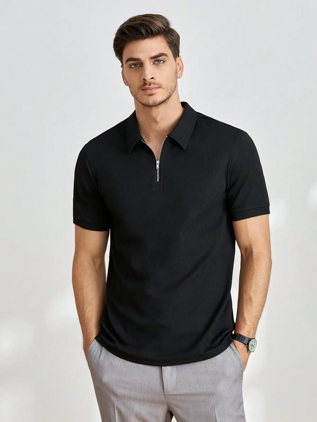 

Men's Black Quarter-Zip Ribbed Knit Polo Shirt for Casual or Golf Wear