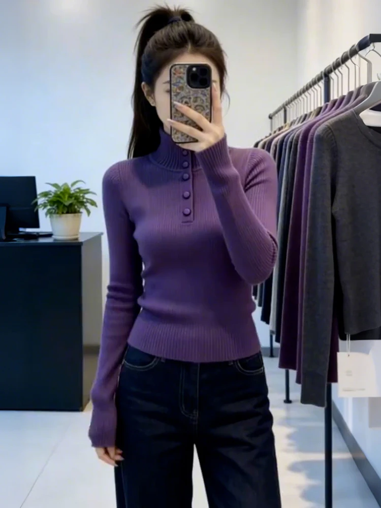 

Comfortable Soft Purple Sweater Women's Casual Sle Spring Autumn New Faion Trend Gentle Base Layer Small irt Trendy