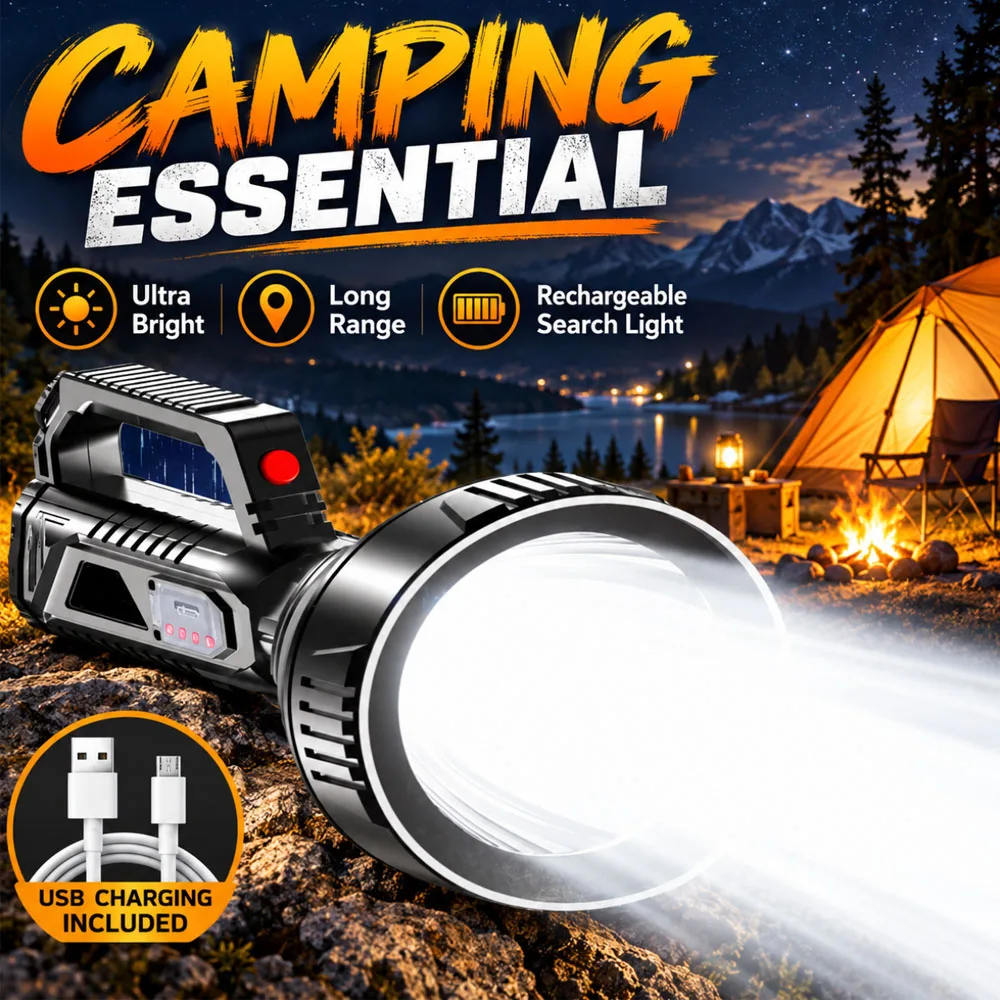 Camping Essential Handheld Searchlight Ultra Bright LED Spotlight with Solar Charging Panel USB Cable Included Long Range