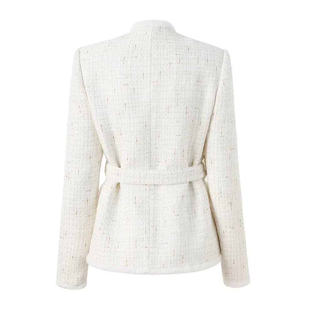 White Elegant Tweed Women Suit Blazer Jacket With Belt Female Office Lady Daily Work Wear Coat Single Breasted Prom Dress Coat