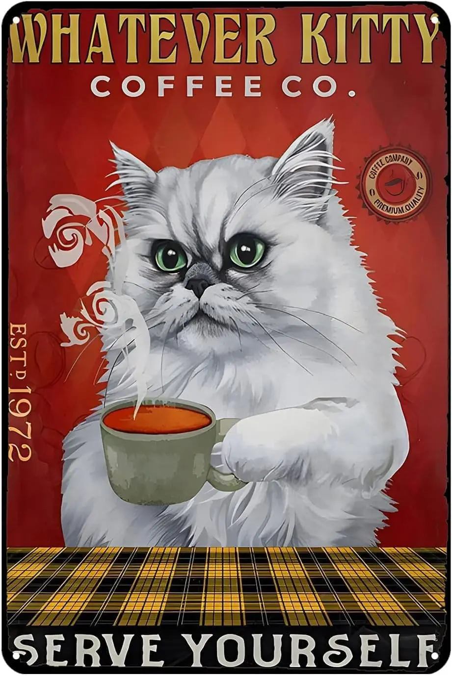 Vintage Tin Wall Decor Funny Persian Cat Coffee Company Sign Metal Home Rustic Aluminum Signs Art Poster for Garage Bar 8x6