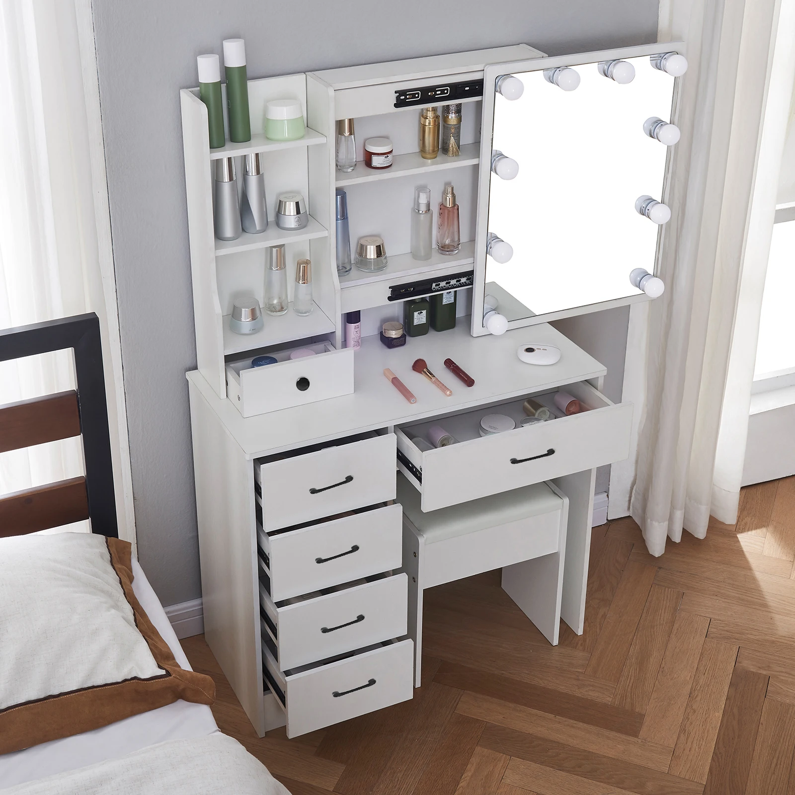 مكتب تزيين فانيتي مع 10 لمبات LED ومجموعة طاولة تسريحة مكونة من 6 أدراج #4