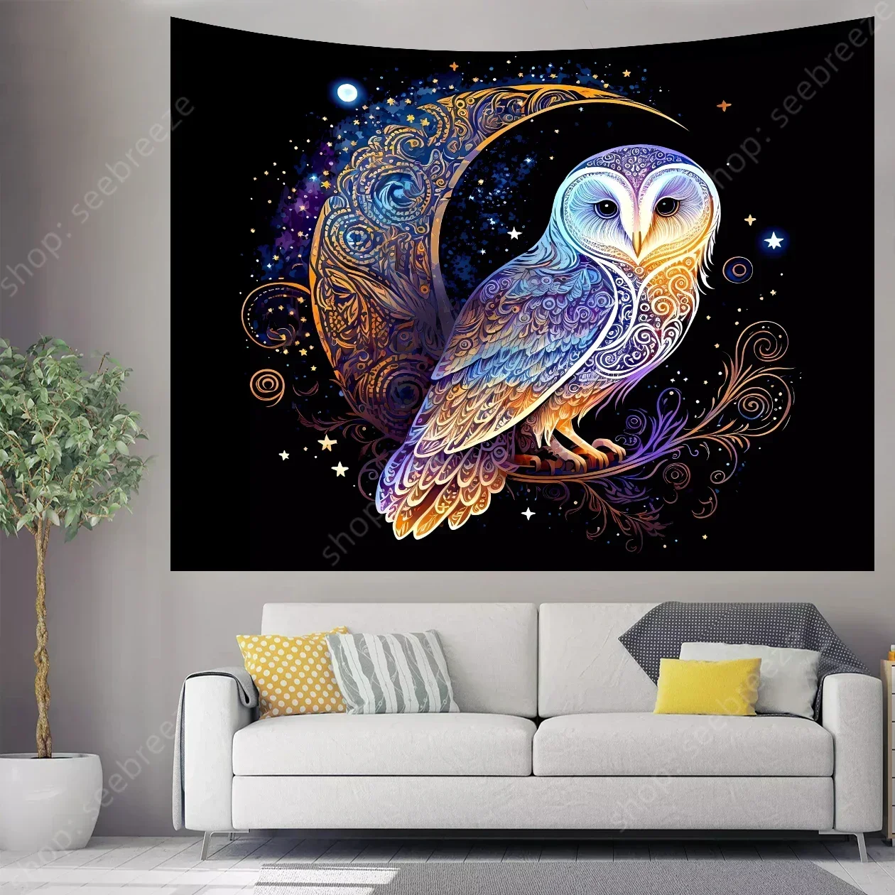 Lunar Owl Wall Tapestry Celestial Aesthetic, Moon Lovers Gift, Witch Wall Art, Ethereal Altar Cloth Trippy Room Decor Aesthetic