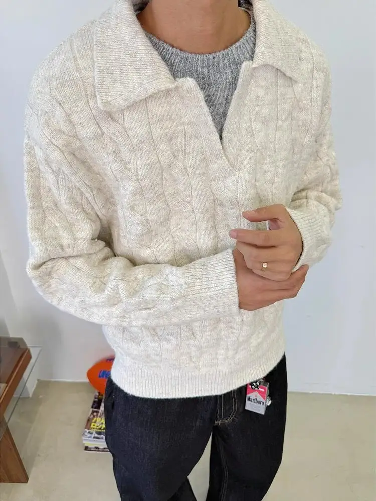 

American Retro Twisted Texture Loose Casual Knitted Sweater Men's Autumn Winter Lazy Sle Outerwear Fake Two-Piece Sle