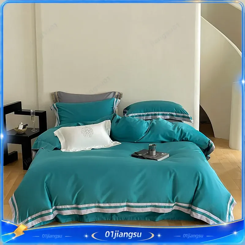 60S Tencel Cotton Bedding Set Summer Lyocell Duvet Cover Sheet 4 Piece Set Two Tone Edge Design Soft Breathable Bed Linen