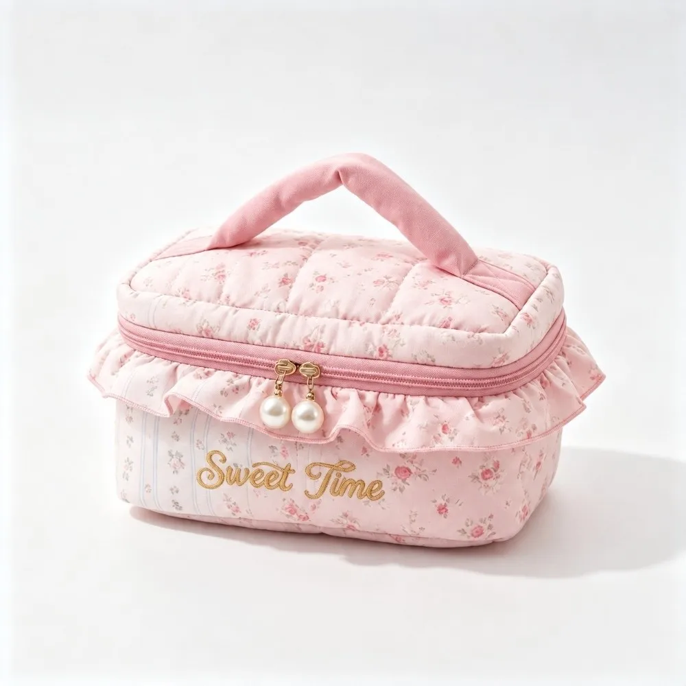 New Floral Print Cosmetic Bag Large-Capacity Ruffled Travel Toiletry Bag Portable Ultralight Storage Bag