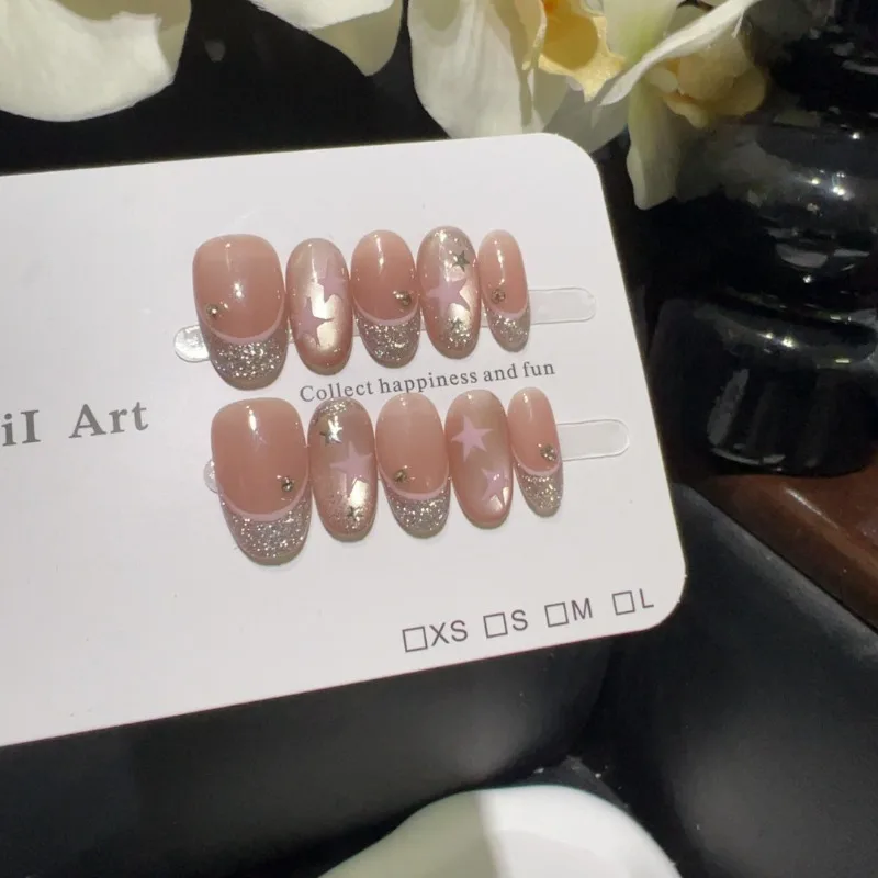 10PCS Nude Pink Cat Eye Handmade Press on Nails Sweet Star Short Oval False Nail Glitter Sequin Ins French Fake Nails Wearable