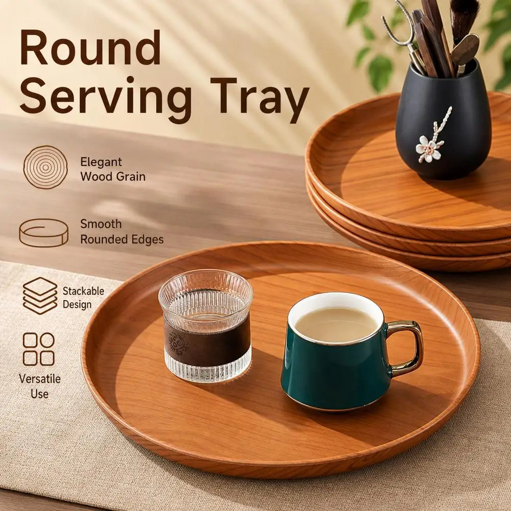 1Pcs New 20/26/32cm Imitation Wooden Tray Handmade Round Water Cup Tray Plastic Dishes Plate Home Use