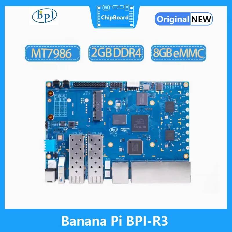 

Banana Pi BPI-R3,MediaTek MT7986 Quad Core,2G DDR RAM 8G eMMC flash,Support Wi-Fi 6 2.4G Router Board