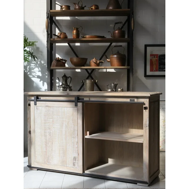 French country wabi style dining side cabinet old pine wood weathered ash old sliding door barn door