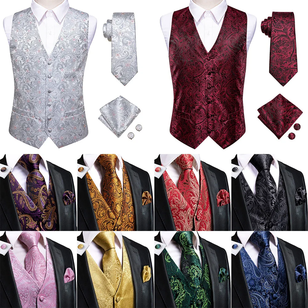 Hi-Tie Mens Vests Silk Tie Sets V-Neck Grey Red Purple Blue Green Pink Black Waistcoat Hanky Cufflinks Wedding Business Designer