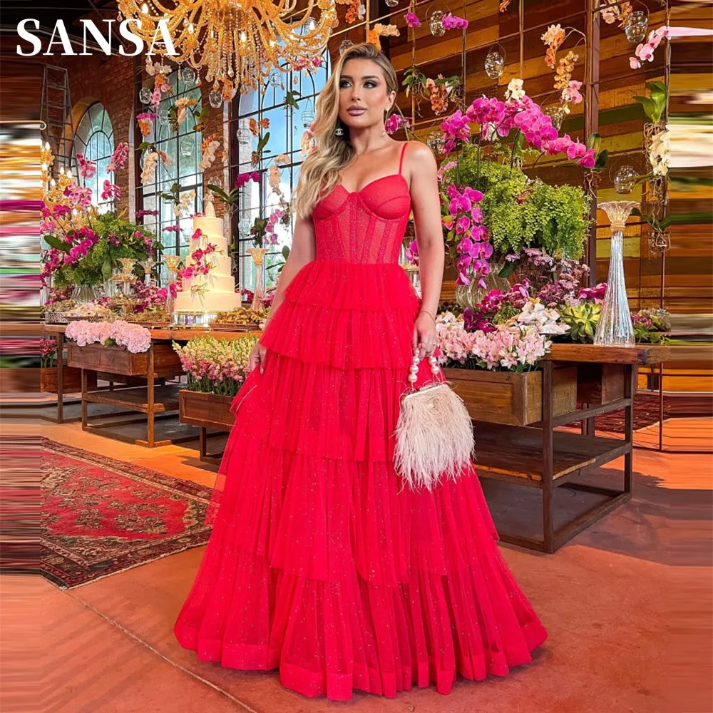 

Sansa Sexy Spaghetti Strap Prom Dress Glitter Red Multilayer Vestidos De Noche Sweetheart Floor Lenght فساتين سهره فاخره 2023