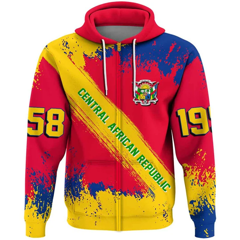 3D Printed The Central African Republic-of Falg Map Zip Up Hoodies For Men Fashion Streetwear Central African Zipper Sweatshirts