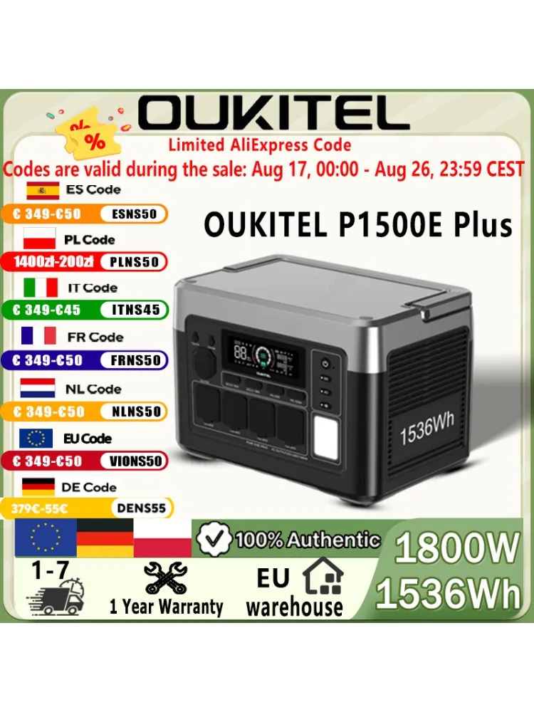 OUKITEL P1500E PLUS 1800W Przenośna Stacja Zasilania, Bateria LiFePO4 o pojemności 1536Wh, Generator Solarny, Zasilanie Awaryjne do Domu, Kempingu na świeżym powietrzu, podróży kamperem i sytuacji — 2