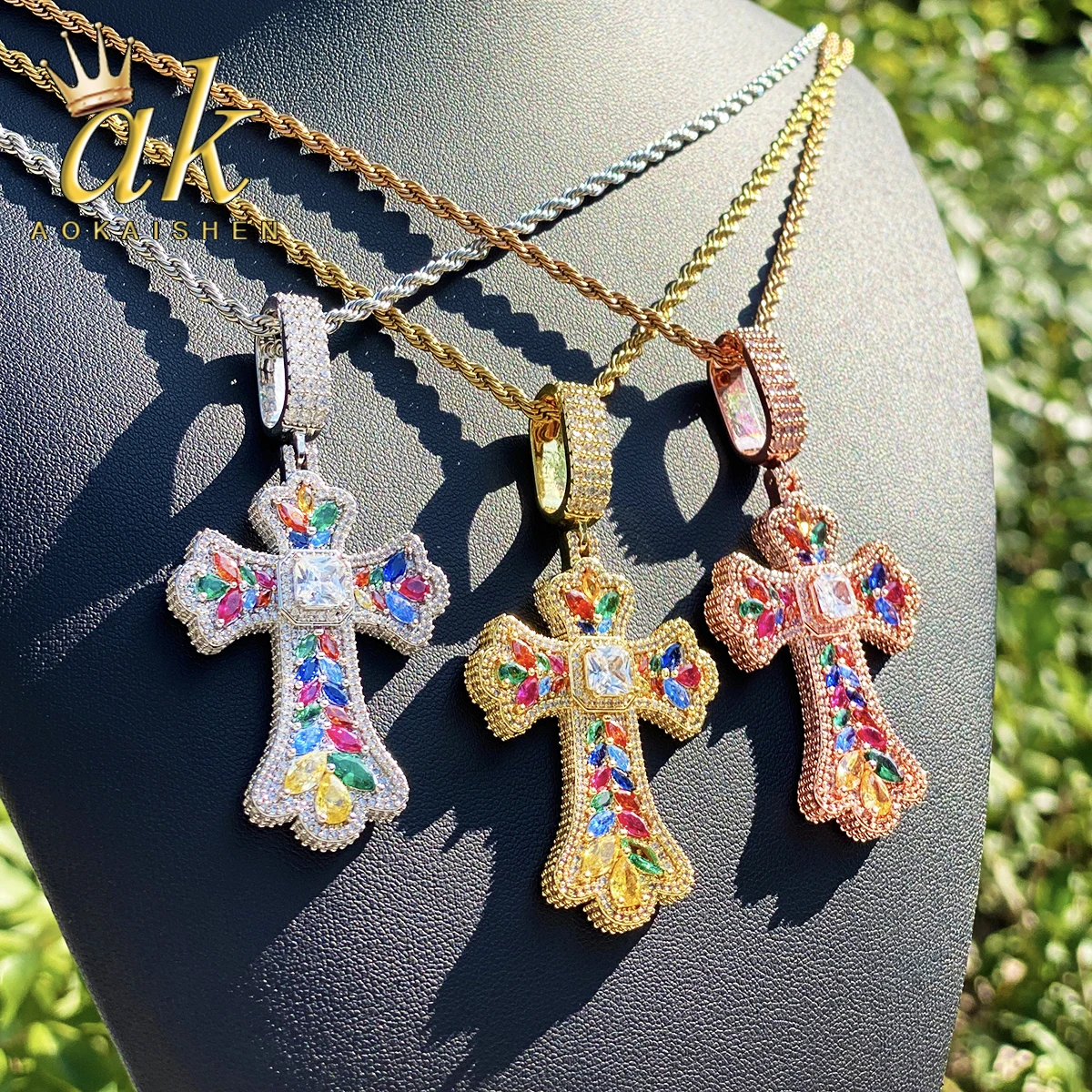 Aokaishen Iced Out Colorful Cubic Zirconia Cross Necklace Pendant for Men Real Gold Plated 5A Grade Hip Hop Jewelry