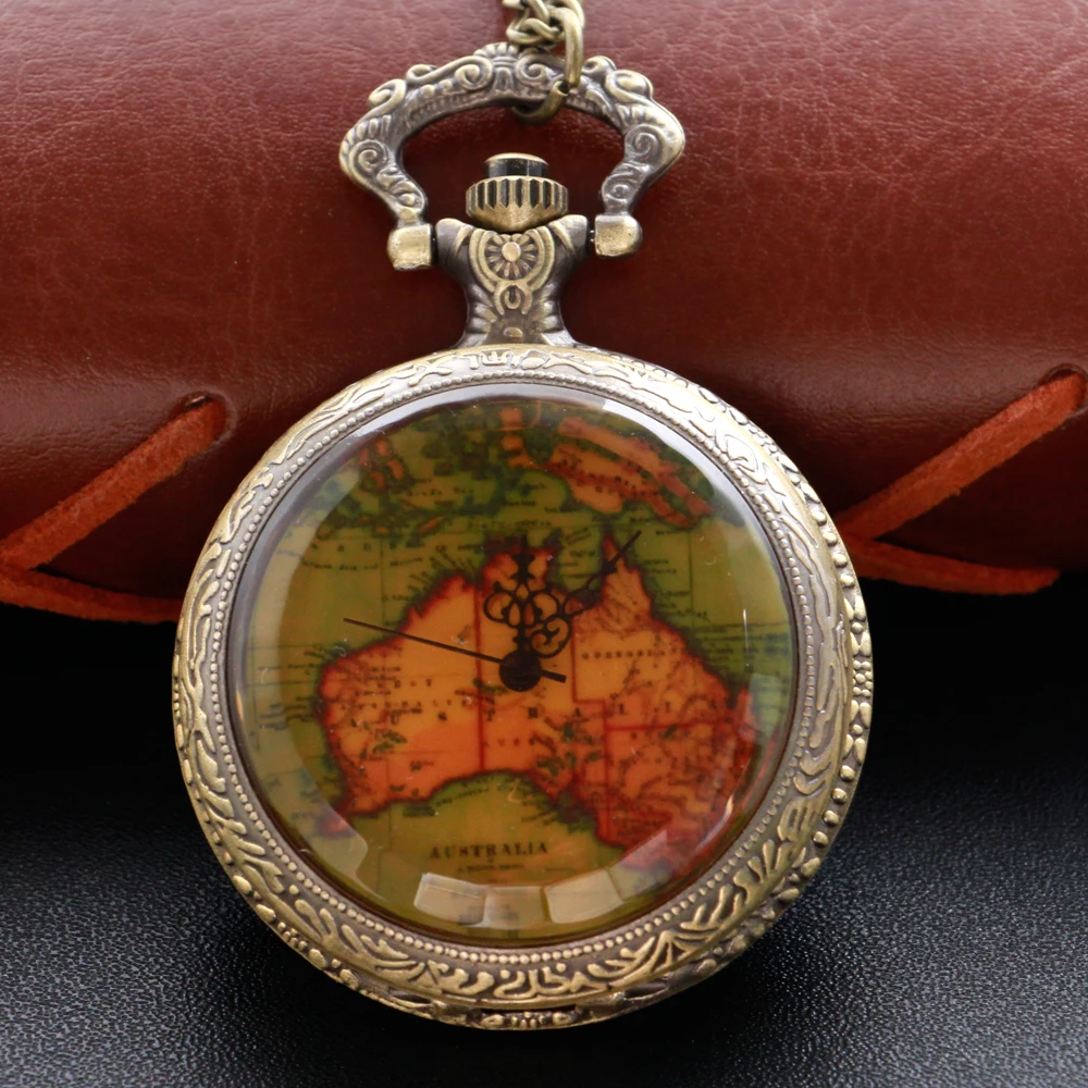 New Vintage Earth Plate Map Fob Chain Arabic Digital Quartz Pocket Watch Necklace Pendant Clock Chain Men's and Women's Gift