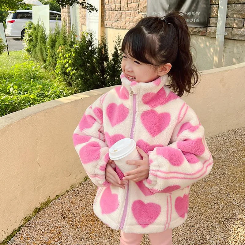 

Girls' coat Lamb cashmere super thick cashmere love coat top 22 winter new warm children's clothing