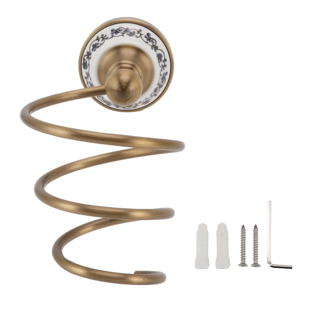 Brass Hair Dryer Holder Antique Gold Antique Retro Style Hair Dryer Hanging Rack Wall Mounted Spiral Design Blow Dryer Rack