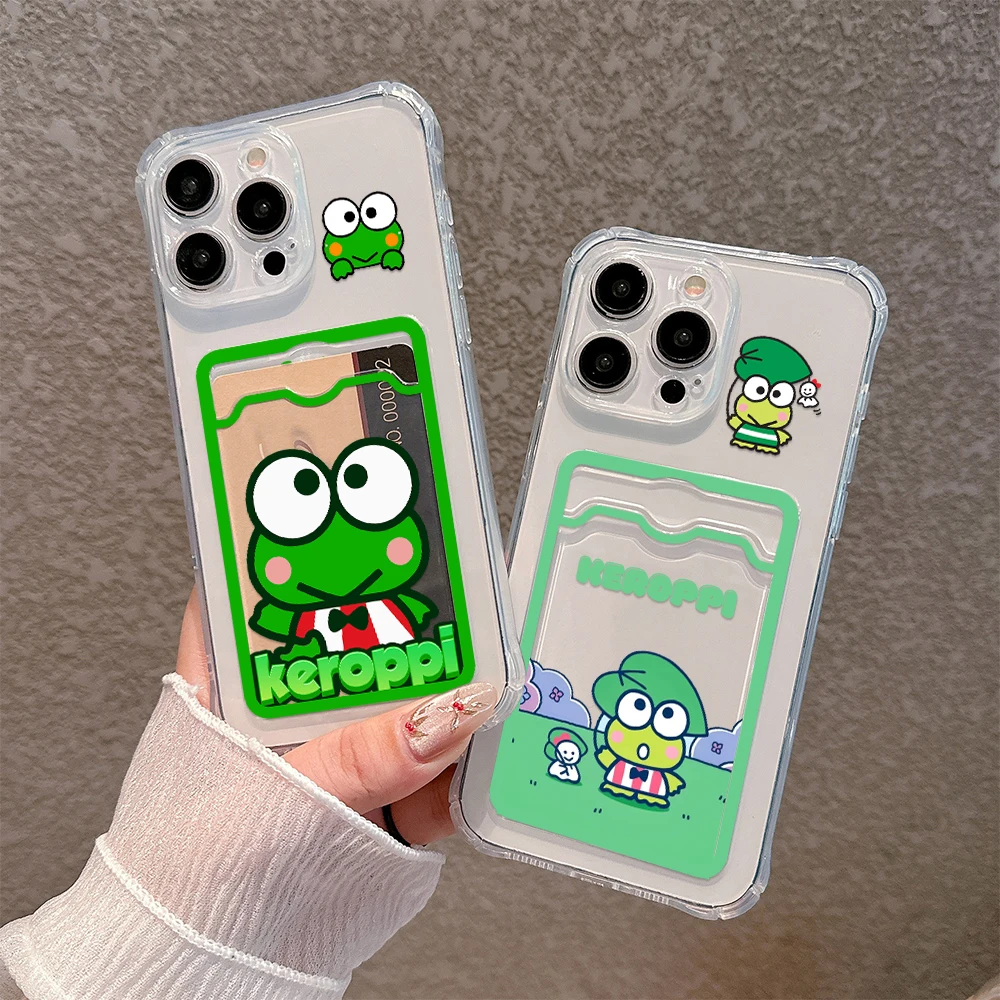 Cute Anime Kero Kero Keroppi Card Hold Case For iPhone 16 15 14 13 12 11 Mini Pro Max X XR XSMax 7 8 Plus Anti-fall Clear Cover