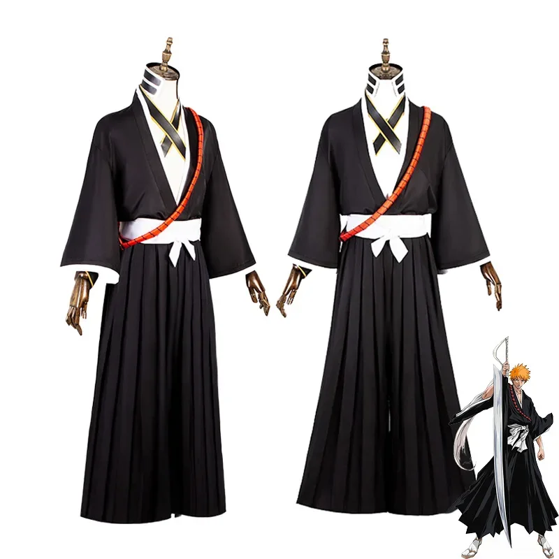 Anime BLEACH Kurosaki Ichigo Cosplay Costume Wig Shinigami 15 Black Top Pants Outfit Halloween Carnival Party Kimono Suit PA3580