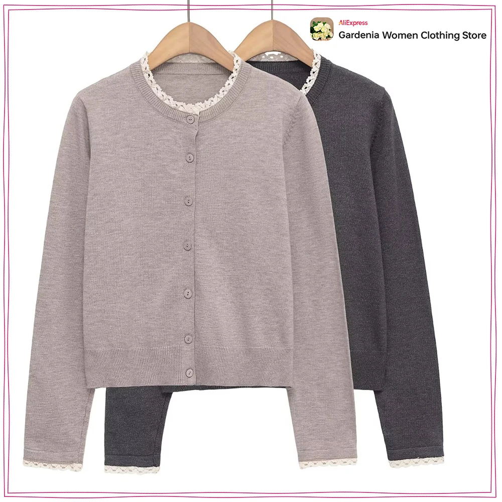

New in Autumn Round Neck Women Cardigans with Contrasting Lace Trim Elegant Chic Jumpers Gorgeous Lace Trim Button Knit Jackets