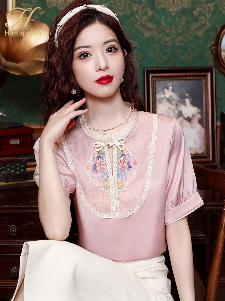 H Han Queen 2024 Summer Elegant Blouses New Korean Style Mesh Embroidery Loose Casual Vintage Shirts Office Wear Work Women Tops