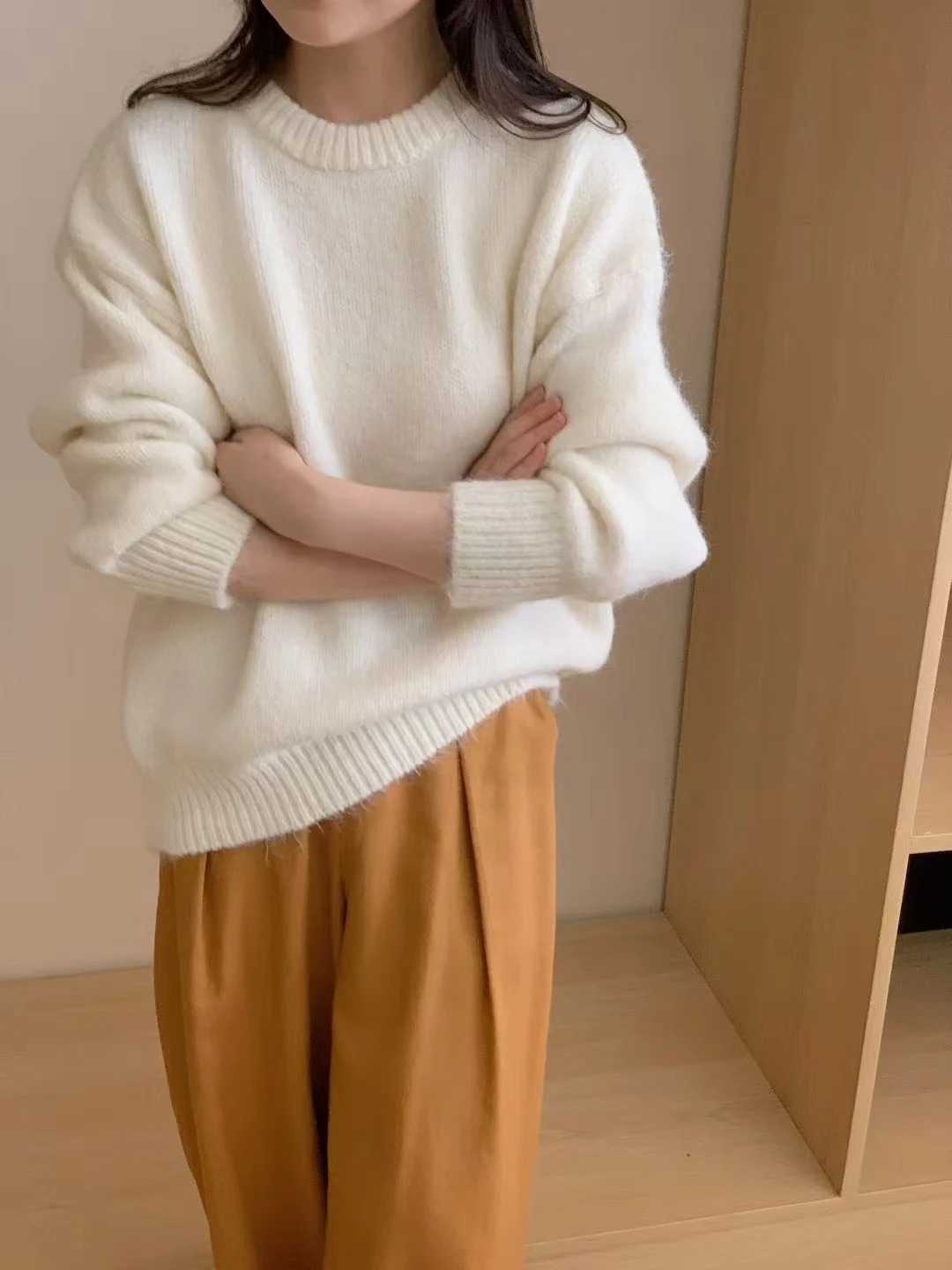 ソフトニット無地セーター オルダー スベ カジュアル スレ ラウンドネック 暖かいフェイス アウターウェア レディース 快適ニットウェア