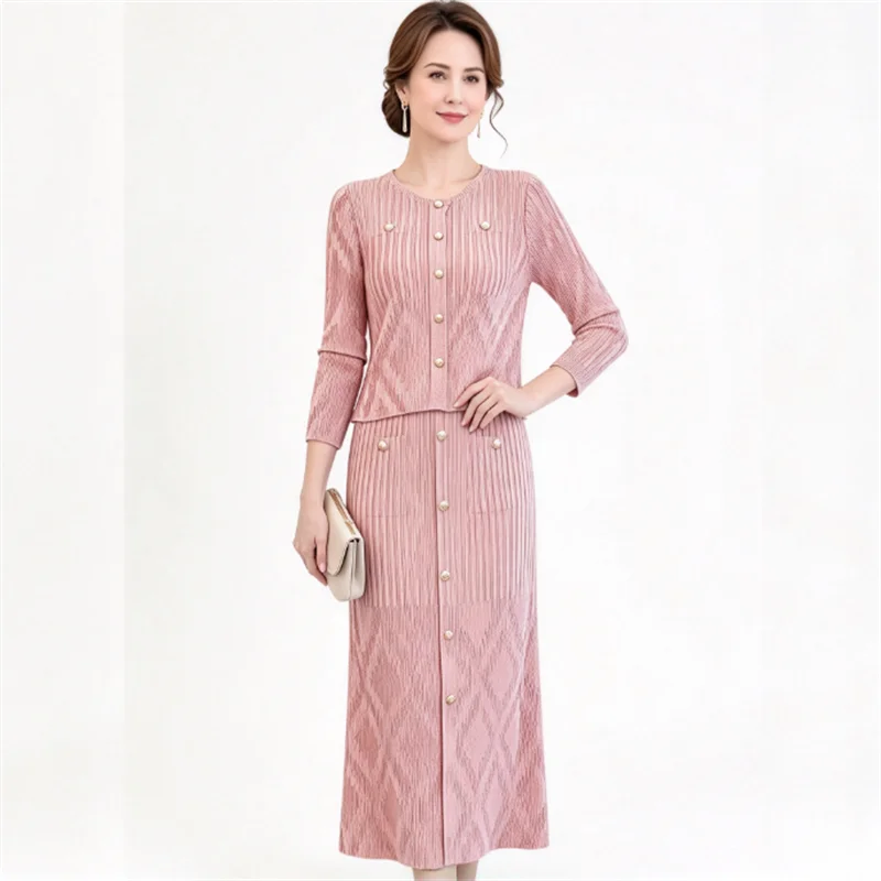 Miyake Pleated Women Pink Tweed Knit Skirt Set, Cardigan and Pencil Skirt, Elegant Office Two Piece