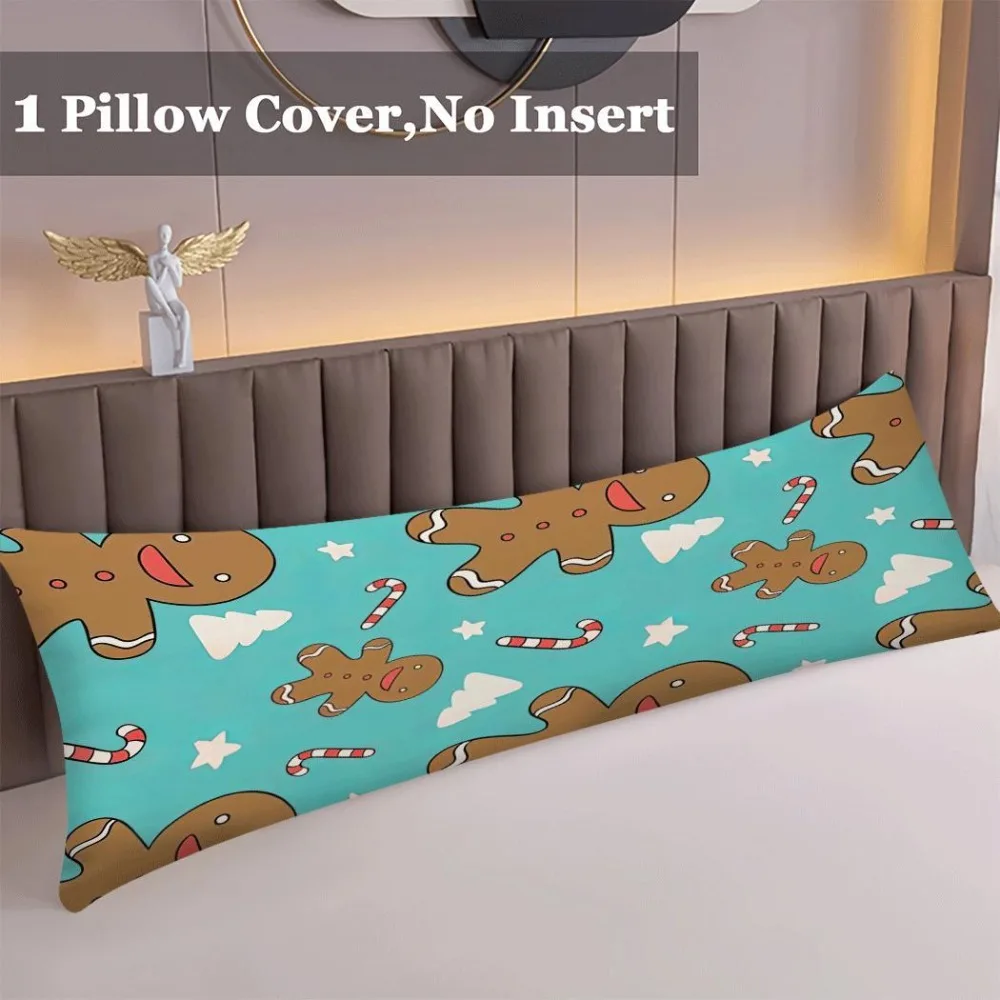 A Long Pillowcase Featuring a Turquoise Gingerbread And Candy Cane Pattern, Measuring 20*54 Inches. It Has a Gingerbread Design,