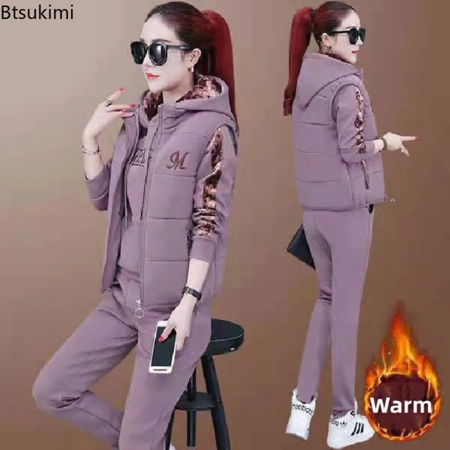Winter 3 Pcs/Set Women Waistcoat Top Pants Set Letter Embroidery Ladies Winter Tracksuit Color Block Three-piece Sweatpants Set