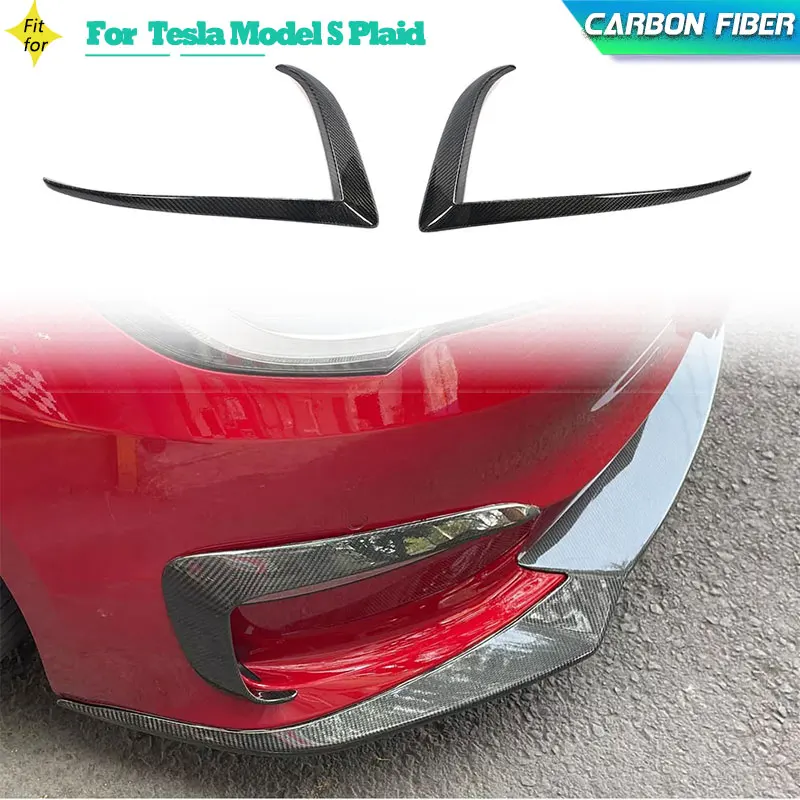 Full Carbon Fiber Car Front Bumper Canards for Tesla Model S Plaid Sedan 4-Door 2021-2023 Front Air Vent Trims Fins Body Kits