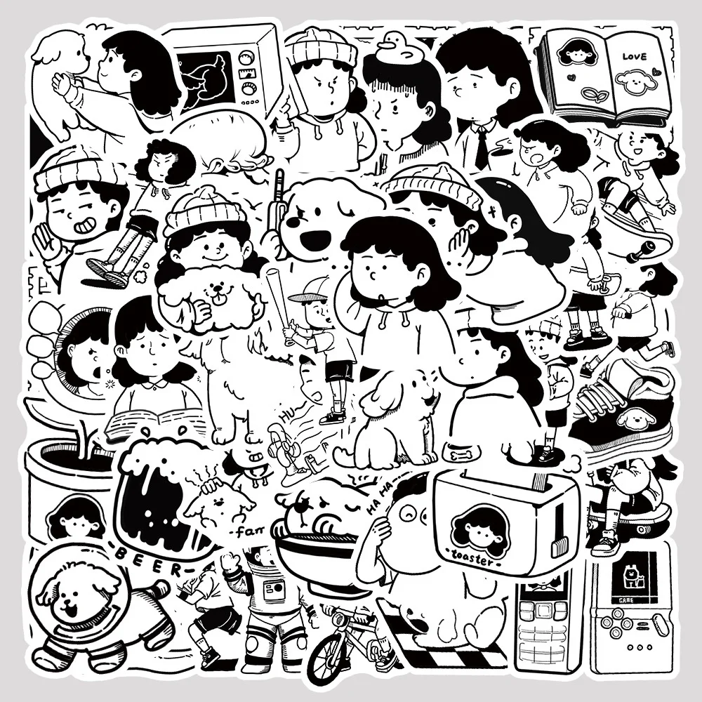 

50PCS Girl and Her Little Dog Graffiti Stickers For Helmet Bicycle Hand Account Pencil Case Decals Golden Memory Stickers Store