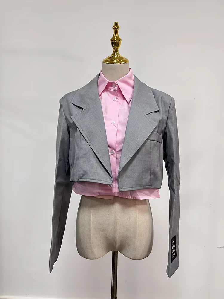 TWOTWINSTYLE Colorblock falso due articoli elegante Blazer per le donne risvolto manica lunga Designer temperamento cappotti vestiti femminili nuovo