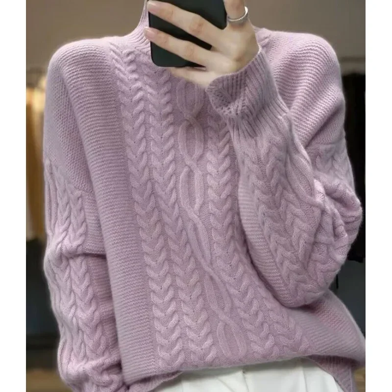 Autumn and Winter Women\'s Solid Turtleneck Long Sleeve Loose Over Size Pullover Knitted Sweater Fashion Casual Office Lady Tops