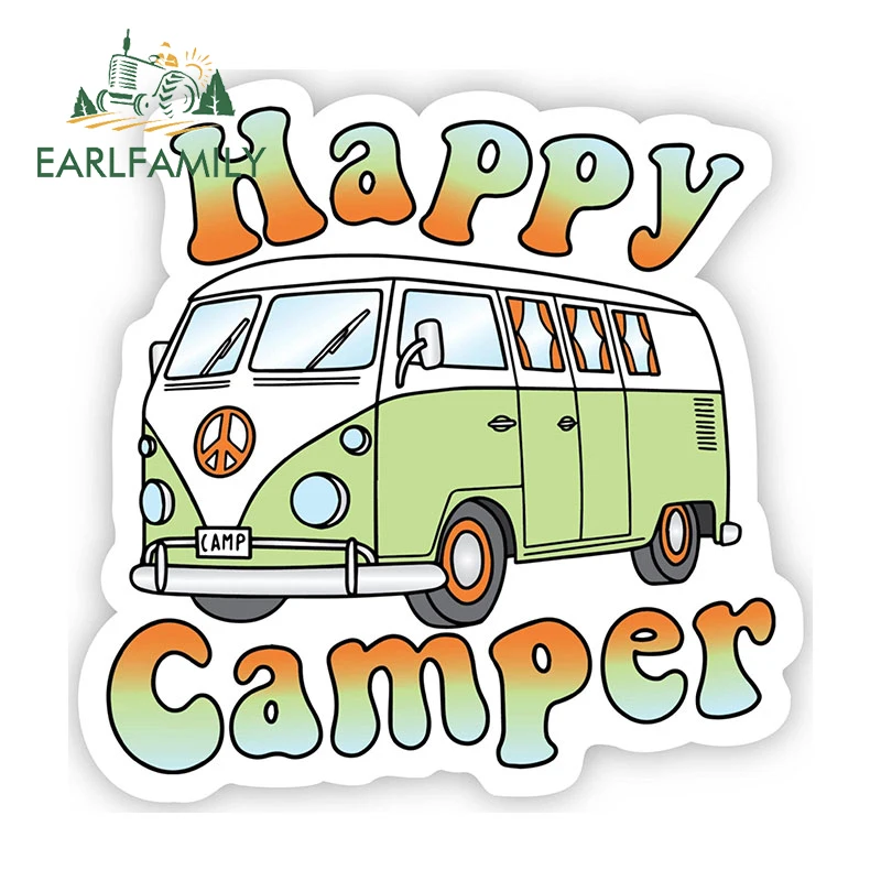 EARLFAMILY 13cm X 13cm for Happy Camper Camp Travel Car Stickers Waterproof Personality Decals Vinyl Car Wrap Cute Caravan Decor