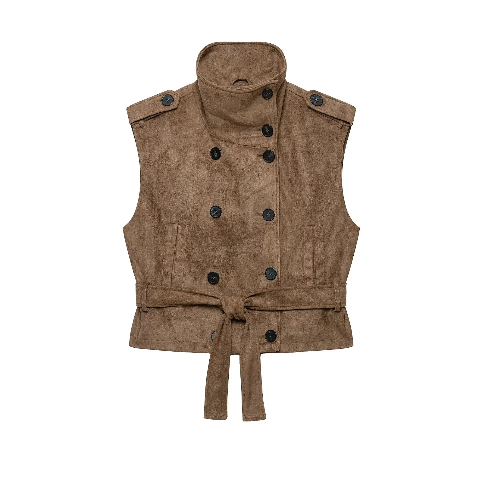 KONDALA Vintage Casual Chic Damen Wildlederweste Khaki Stehkragen Ärmellos Doppelreihig mit Taschen und Gürtel Modische Weste 2026 – Detail 2