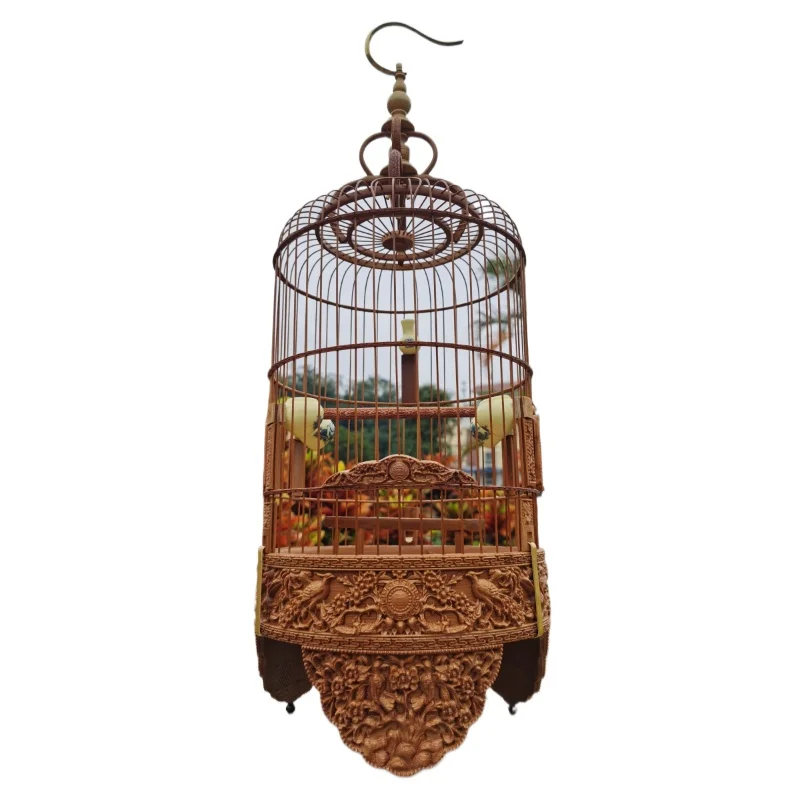 Guangdong-Style Bamboo Birdcage, Embroidered Prince Pattern Parrot Trumpet Cage with Soybean Feeder
